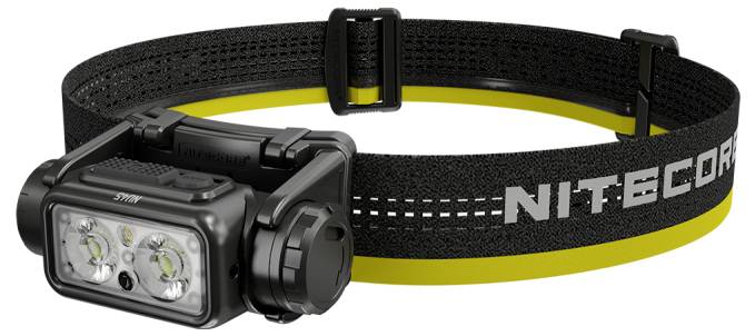 Black Nitecore headlamp with adjustable strap and three LED lights on the front, shown against a white background.