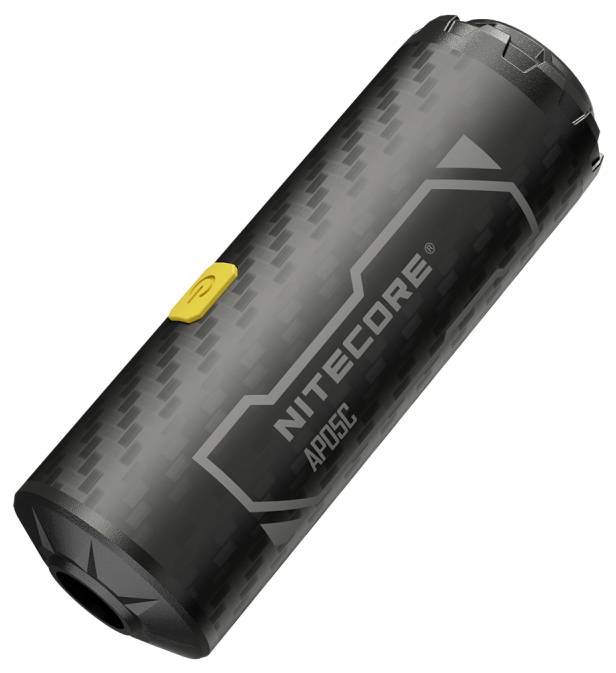 Black cylindrical Nitecore AP05C flashlight with a yellow side button on a white background.