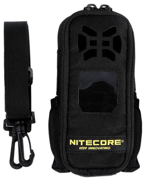 Black Nitecore carrying pouch with zip closure, front window, and yellow 'NITECORE KEEP INNOVATING' logo, shown beside a detachable strap with clip.