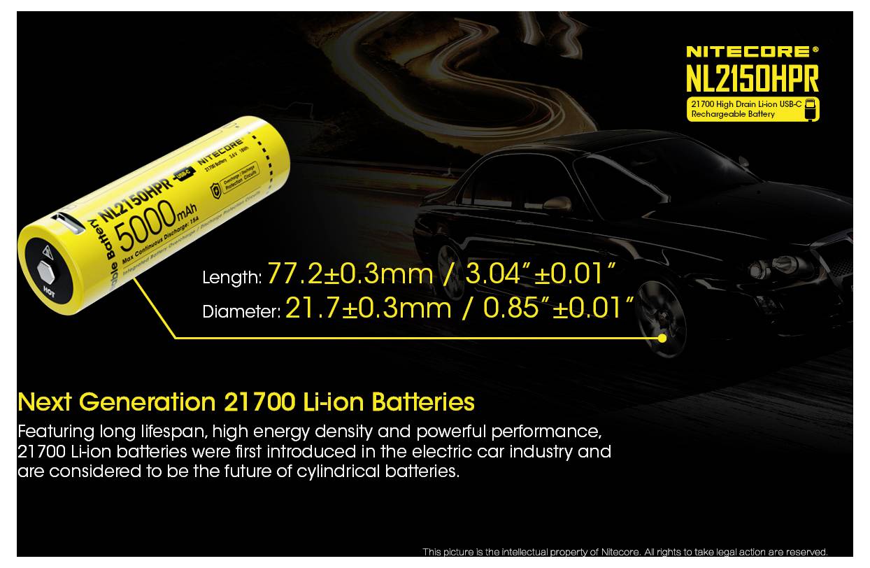 Promotional graphic for Nitecore NL2150HPR rechargeable 21700 Li-ion battery, showing the yellow battery, dimensions, and 5000mAh capacity with a car illustration in the background.