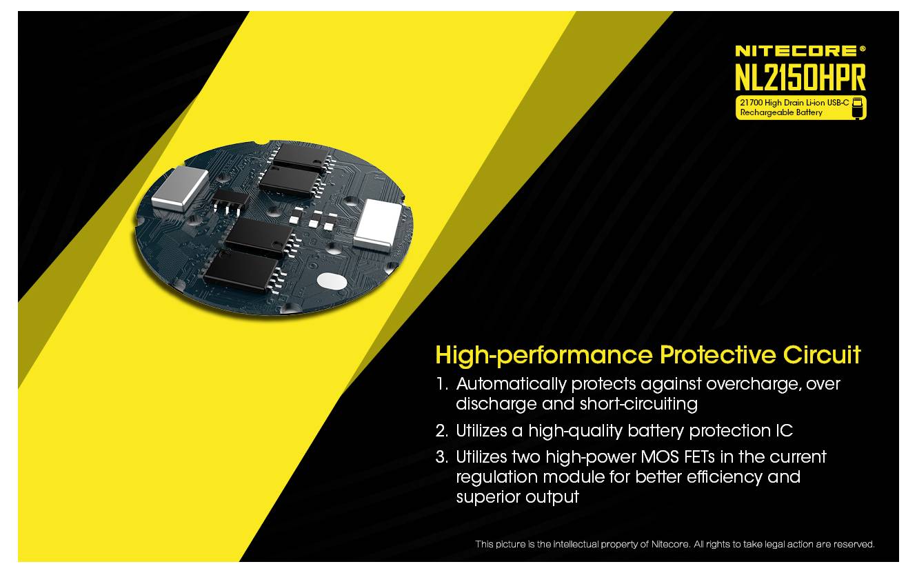 Product graphic for Nitecore NL2150HP battery, showing a protective circuit board and text highlighting high-performance protection against overcharge, over-discharge, and short-circuiting.