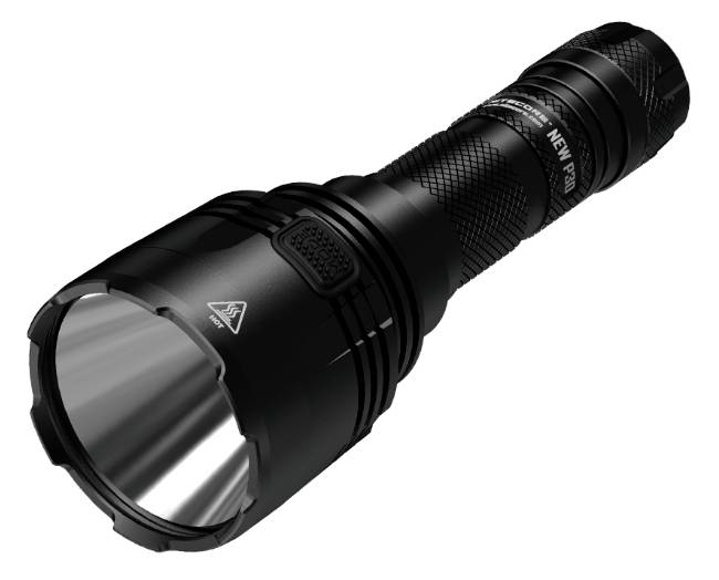 Black handheld flashlight with large reflector lens and textured grip, shown diagonally on a white background.