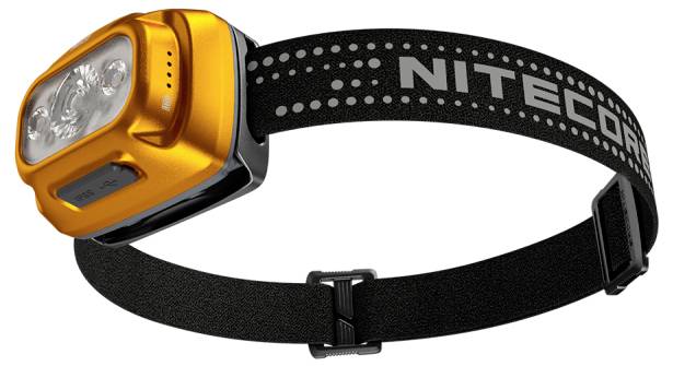 Black and orange Nitecore headlamp with adjustable elastic strap, shown on a white background.<br>