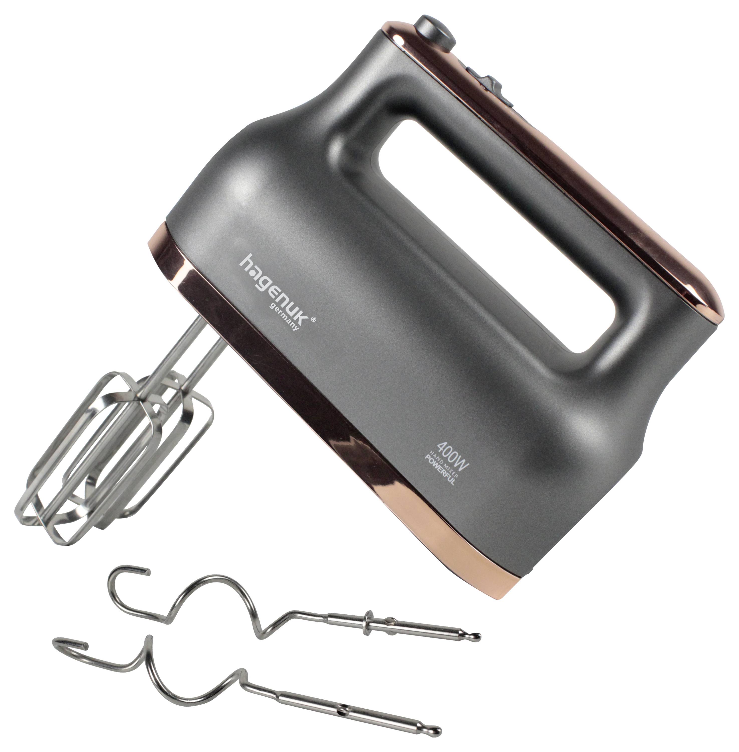 Hand mixer with two beaters and dough hooks, shown on a white background.<br>