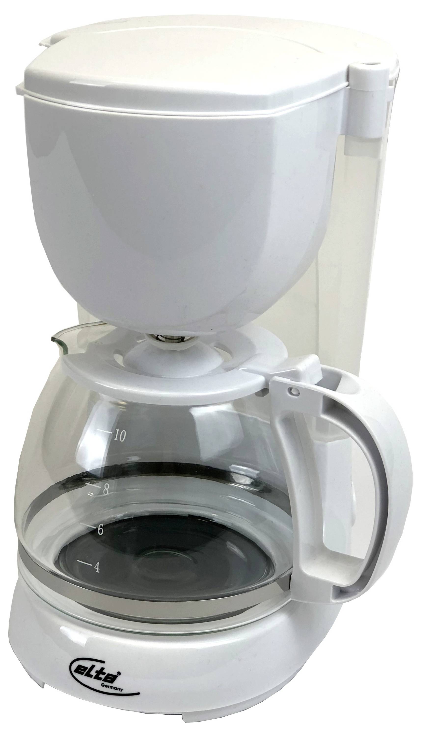 White drip coffee maker with glass carafe on a white background.