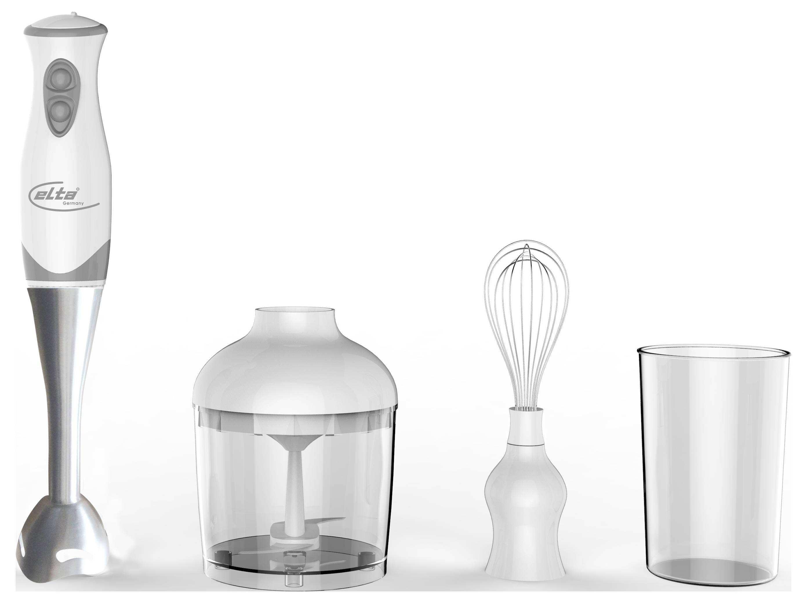 Set of silver and clear kitchen tools: an immersion blender, food chopper, whisk attachment, and measuring cup on a white background.