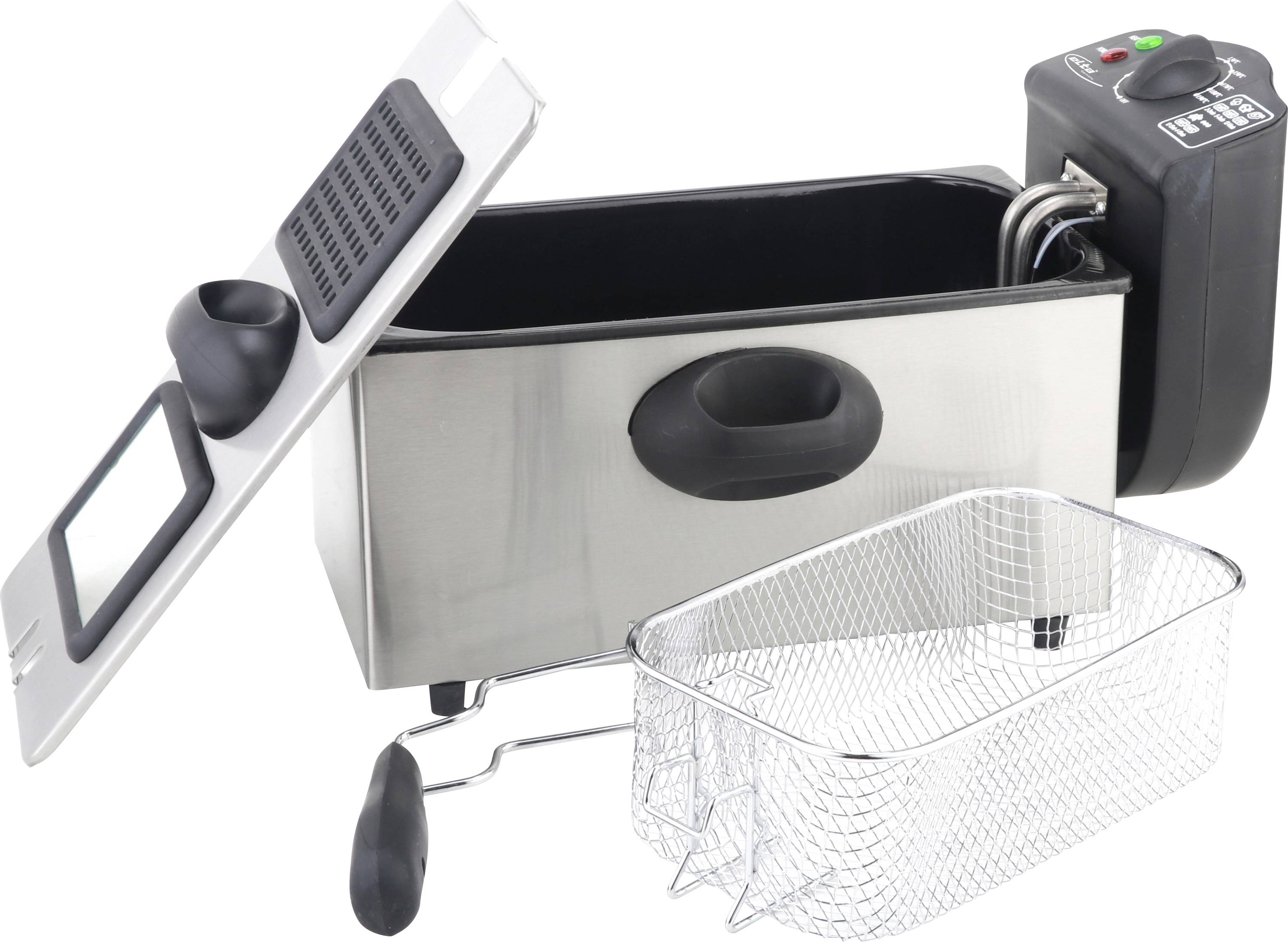 Electric deep fryer with open lid, basket, and control dial, shown as a product photo on a white background.