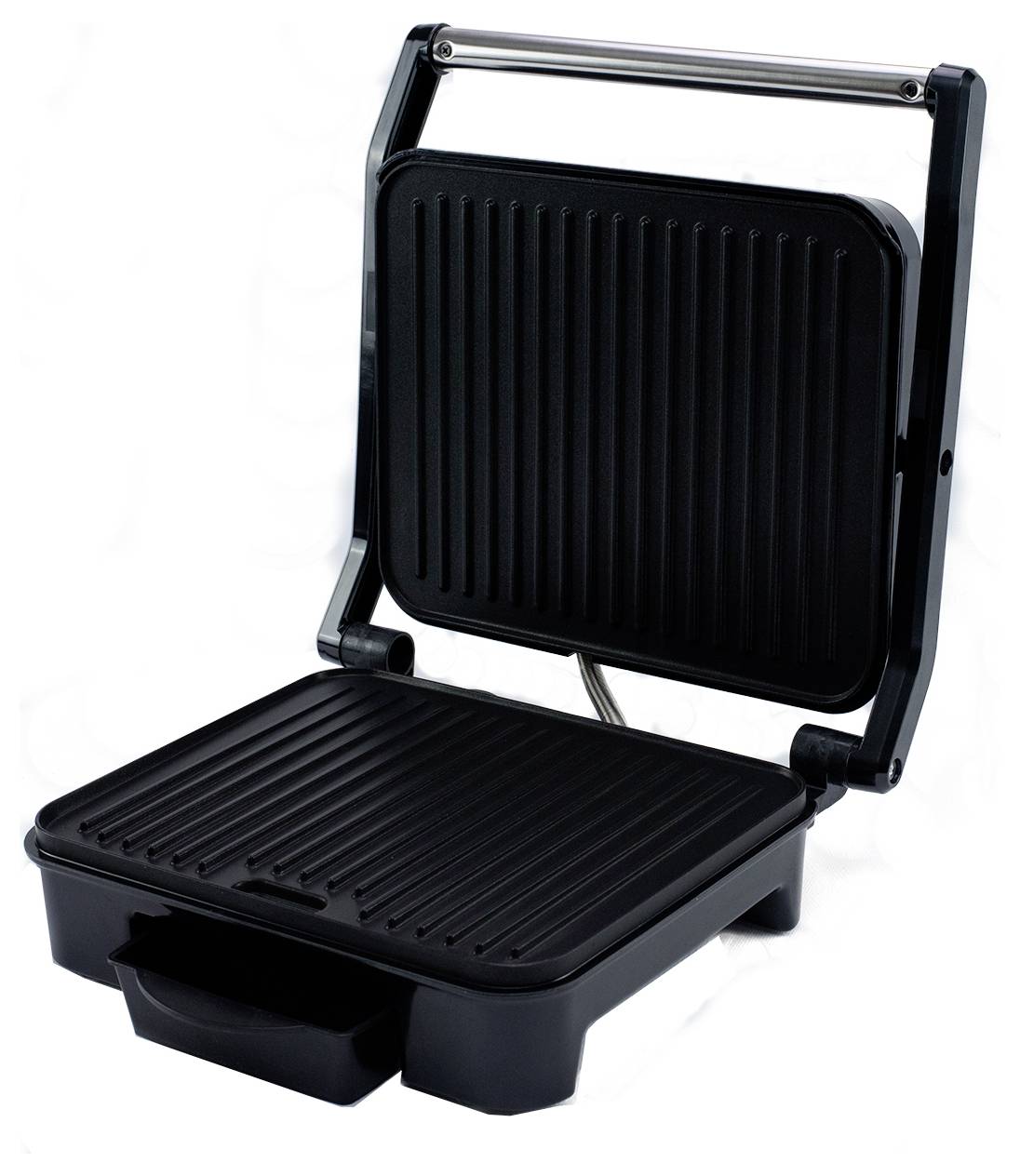 Open electric contact grill with ribbed top and bottom plates, black exterior, and front drip tray.<br>