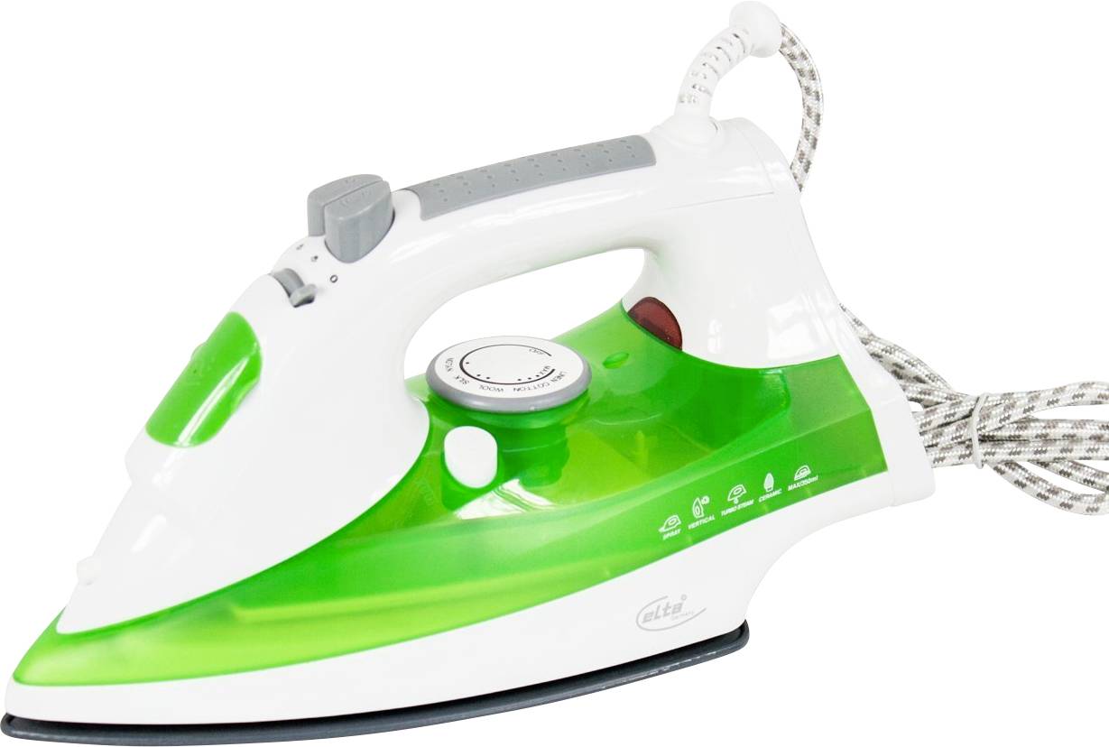 Green and white electric clothes iron with cord, shown in side view on a white background.