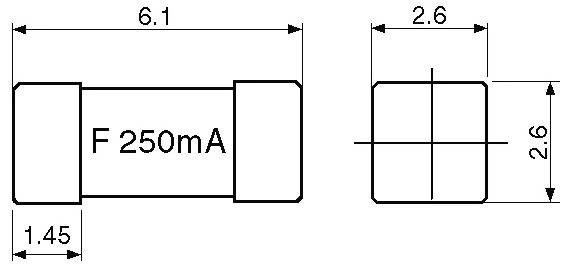 Technical drawing of a surface-mount fuse labeled 'F 250mA', showing its dimensions: 6.1 mm long, 2.6 mm wide and high, with 1.45 mm end sections.