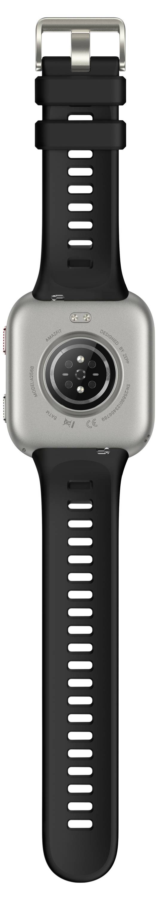 Front view of a gray smartwatch with a black sport band, displaying a circular dial-style face with small icons around the center.