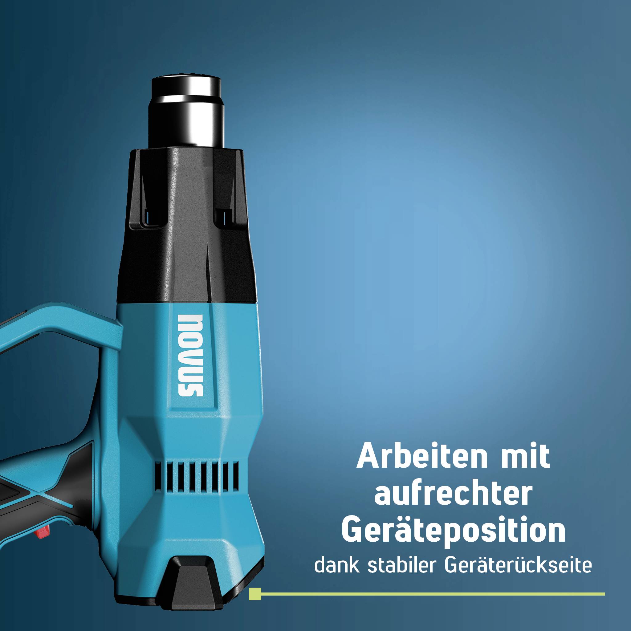 Blue Novus power tool shown upright, with German text: 'Arbeiten mit aufrechter Geräteposition dank stabiler Geräterückseite' explaining stable upright operation.