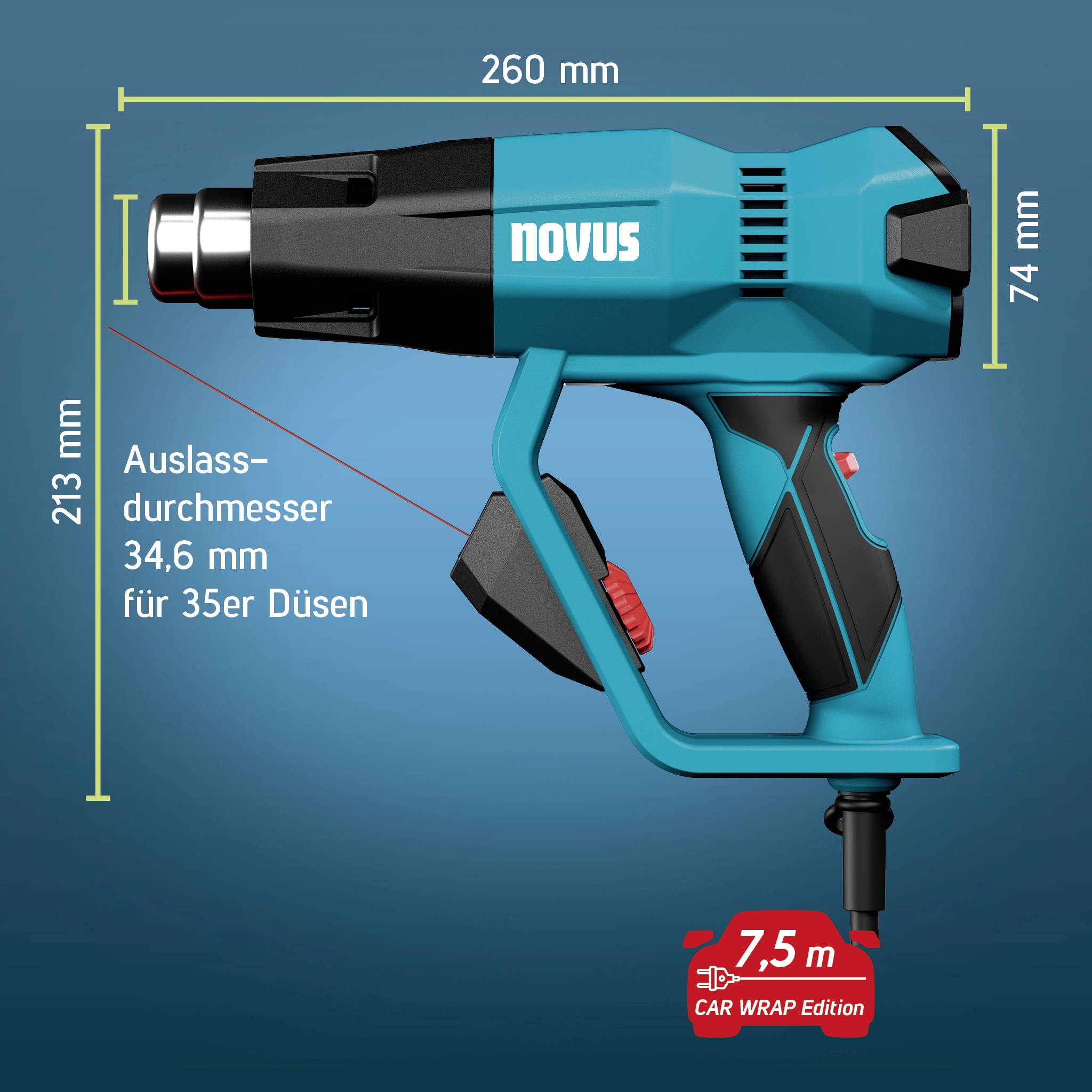 Technical illustration of a NOVUS hot-air gun with dimensions: 260 mm long, 213 mm high, 74 mm wide; nozzle diameter 34.6 mm for 35 mm nozzles, 7.5 m cord.<br>