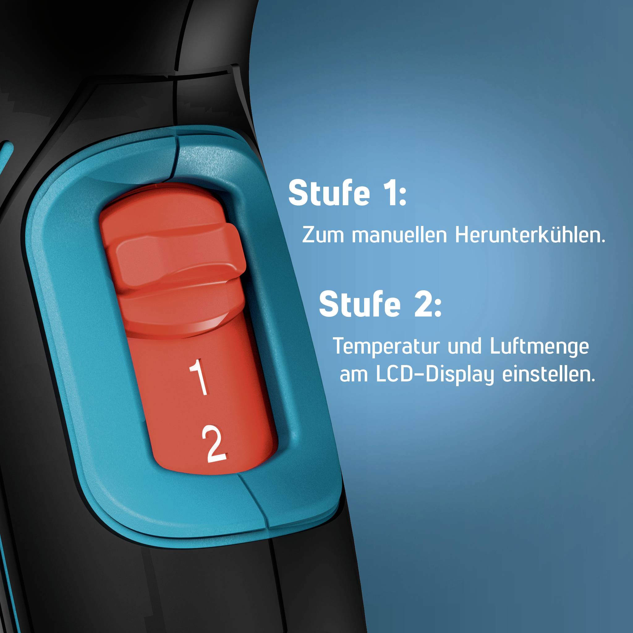 Close-up of a red two-position switch labeled 1 and 2 on a device, with German instructions: 'Stufe 1' for manual cool-down and 'Stufe 2' to set temperature and airflow on the LCD display.