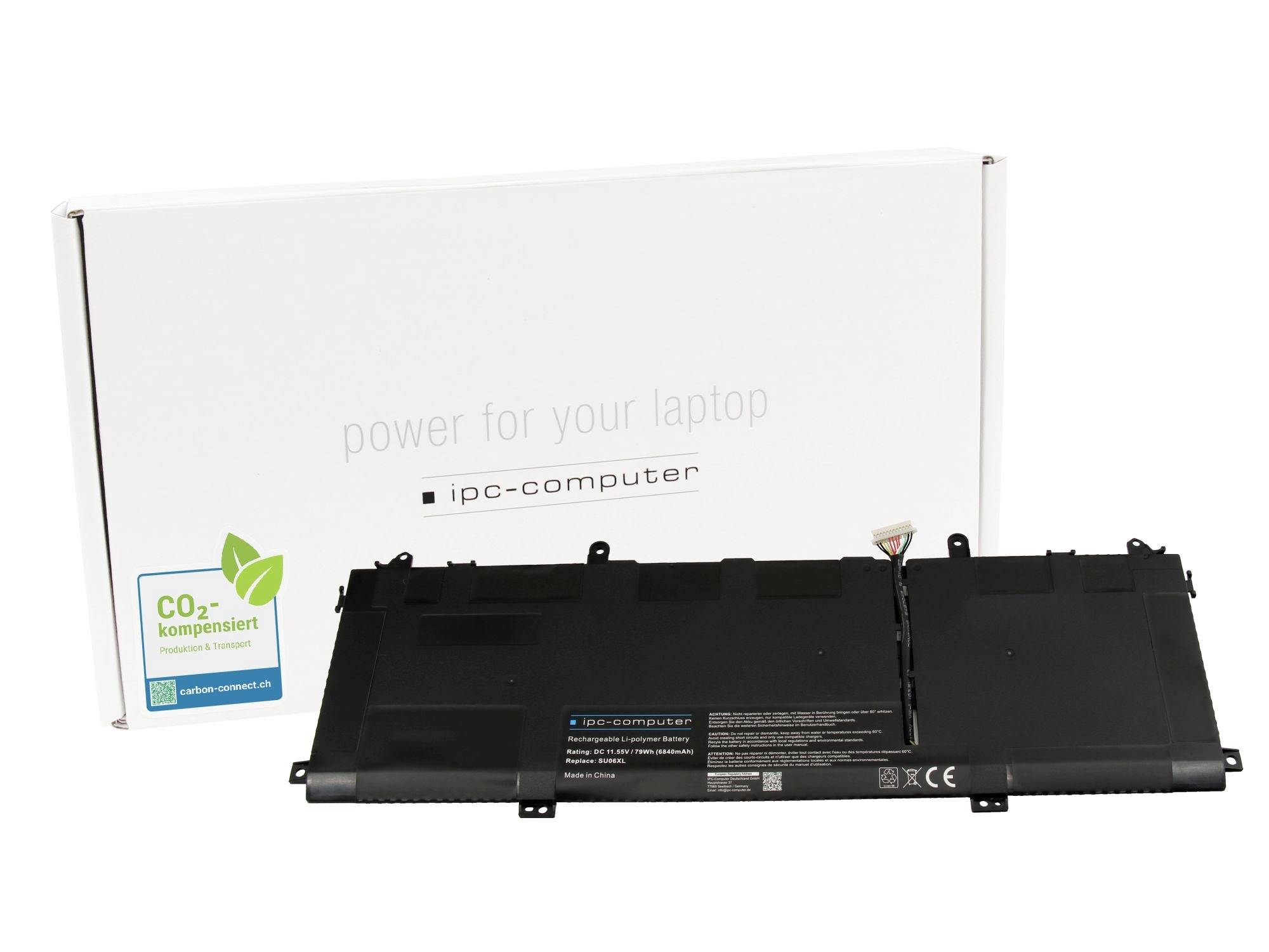 Laptop battery pack shown in front of its white retail box labeled 'power for your laptop' and 'ipc-computer'