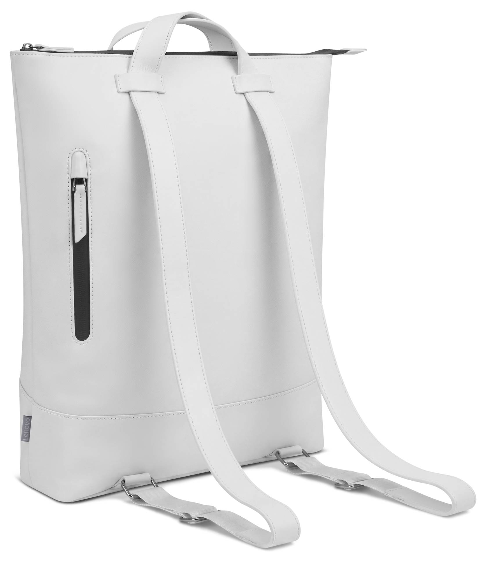 White leather backpack with top handle, front zipper pocket, and adjustable shoulder straps, shown on a plain background.