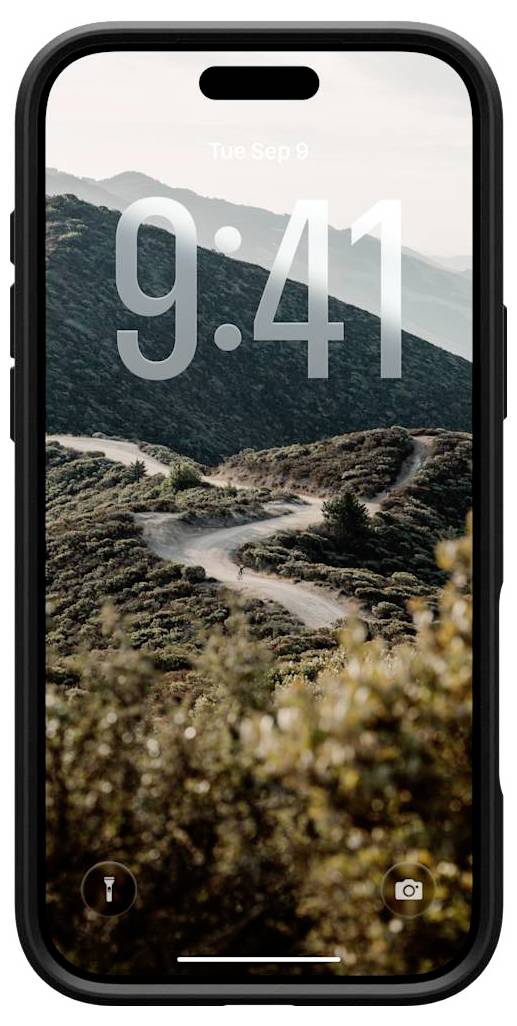 An iPhone lock screen showing a mountain road wallpaper, with the time 9:41 and date Tue Sep 9.<br>