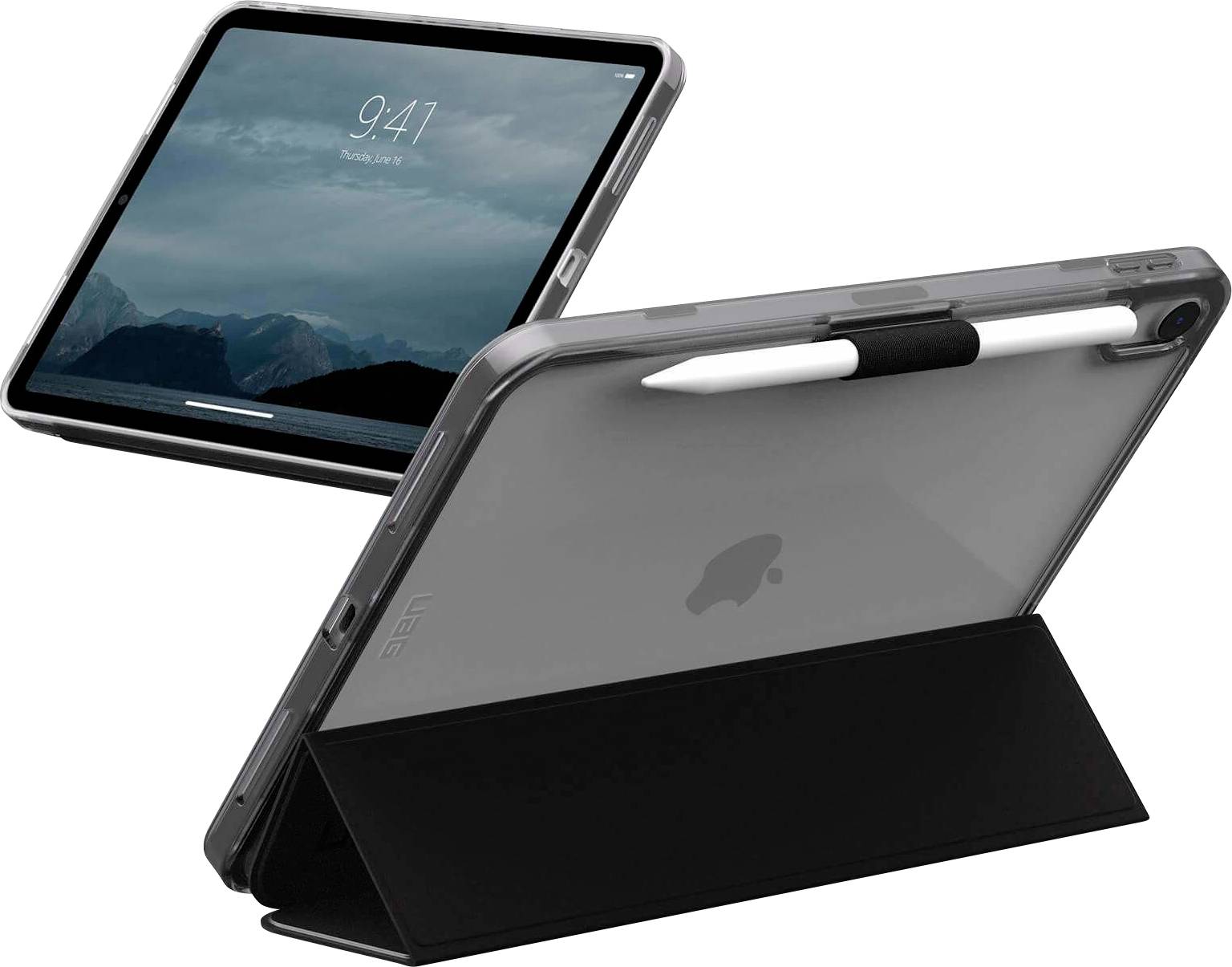 Two iPads shown in a black folio case, one open on the screen and one folded with an Apple Pencil attached on the back.