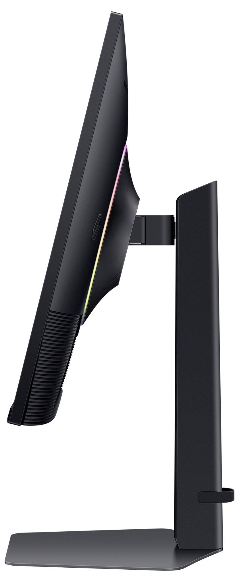 Side view of a thin black desktop monitor on a rectangular stand with an adjustable arm and a faint RGB light strip on the back.