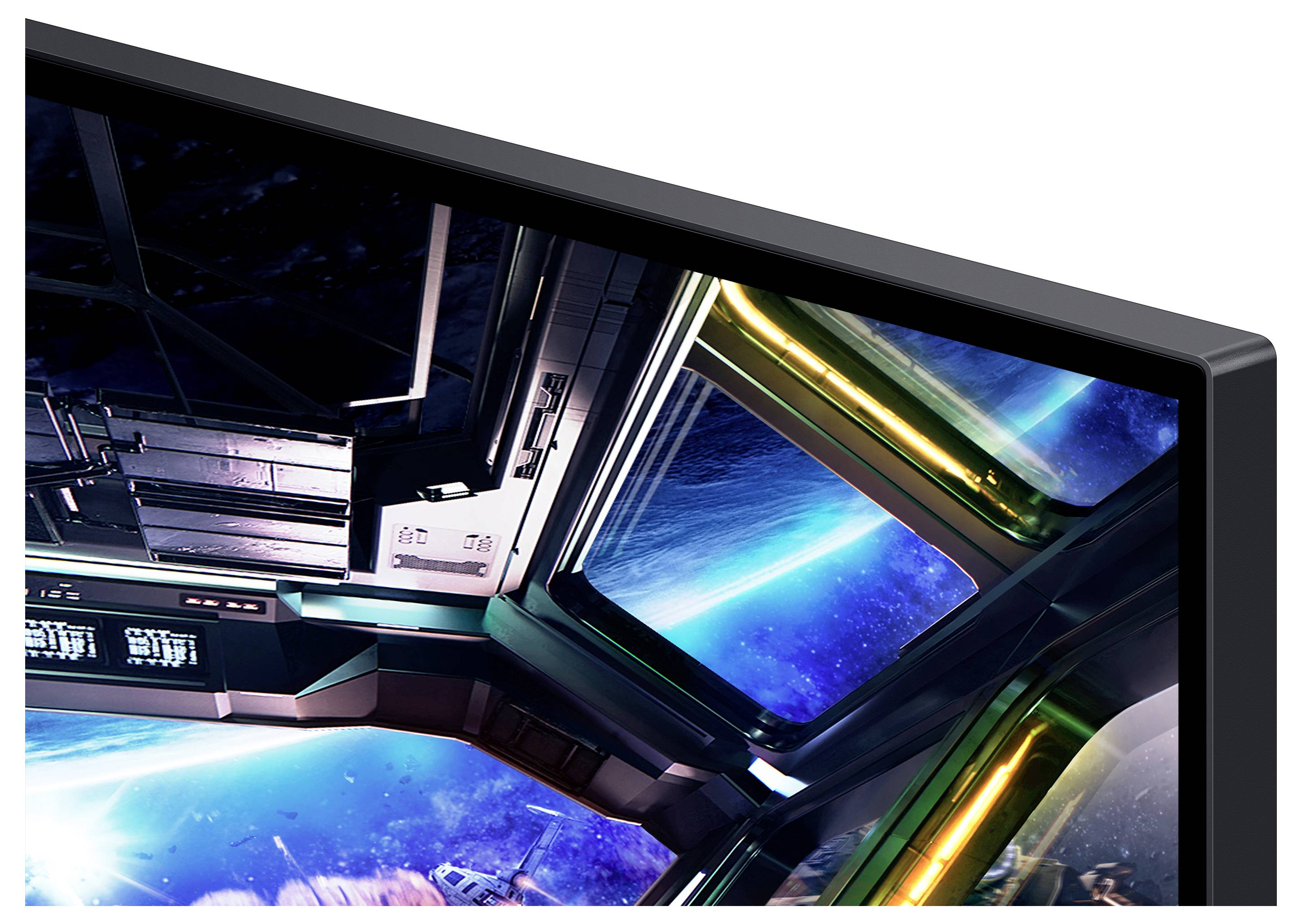 Close-up of a curved display showing a spacecraft cockpit or space station window with Earth and stars in the background.