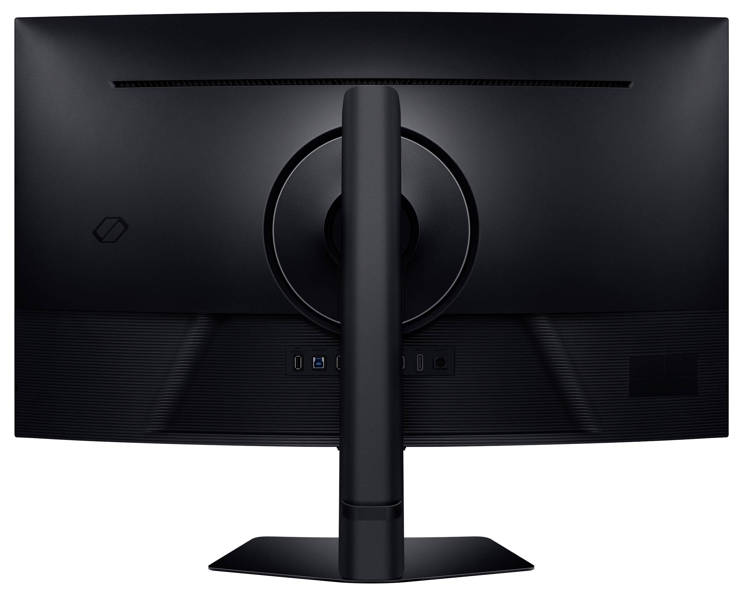 Rear view of a curved black desktop monitor on a stand, showing its ports and vented back panel.