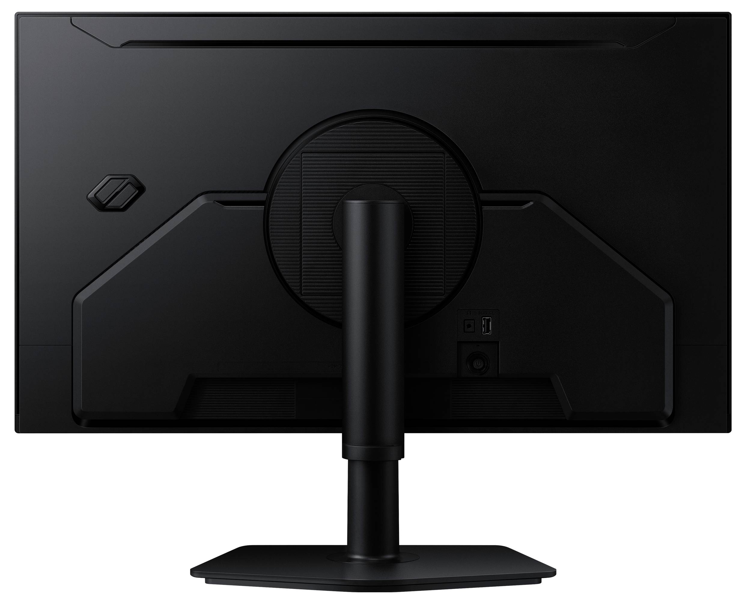 Rear view of a black desktop monitor on a stand, showing the back panel and central cable management area.