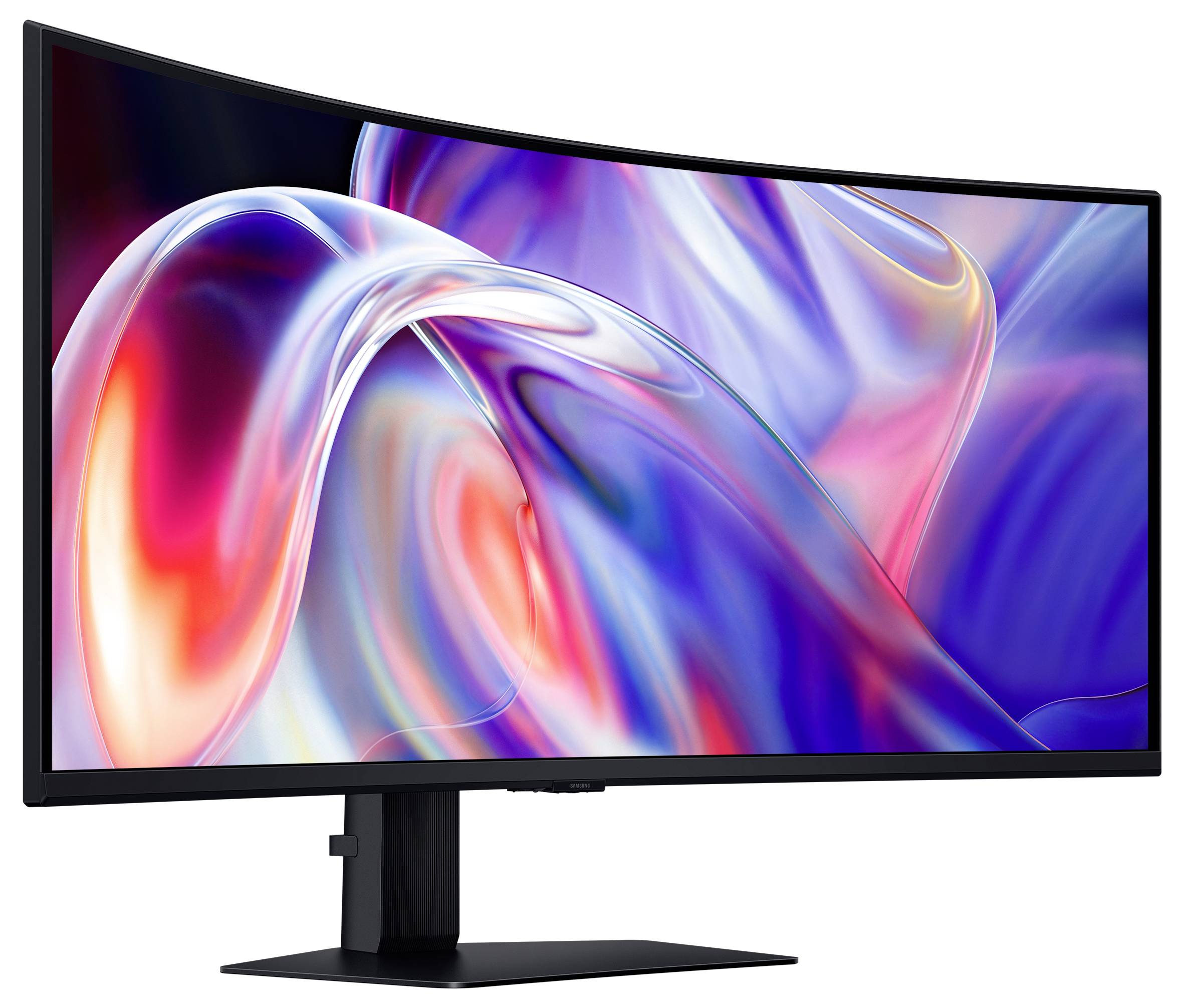 Curved widescreen monitor on a stand displaying a colorful abstract swirl wallpaper.