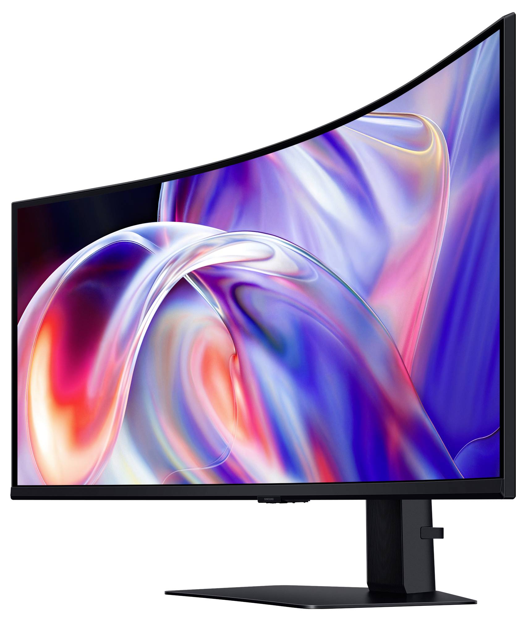 Curved widescreen monitor with black bezel and stand displaying a colorful abstract swirl on a white background.