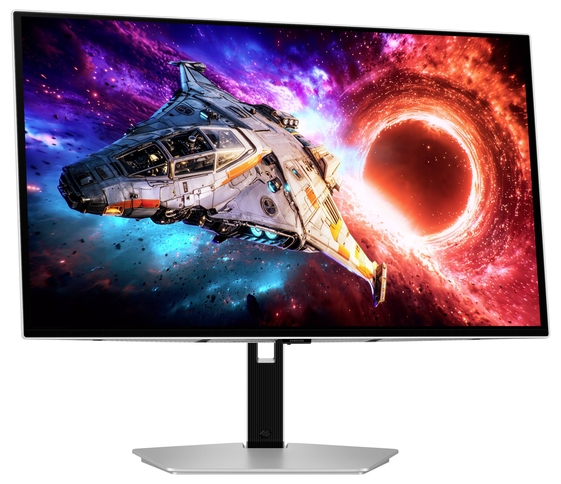 A widescreen monitor displaying a sci-fi scene of a spaceship flying near a glowing red-black black hole in a colorful space nebula.