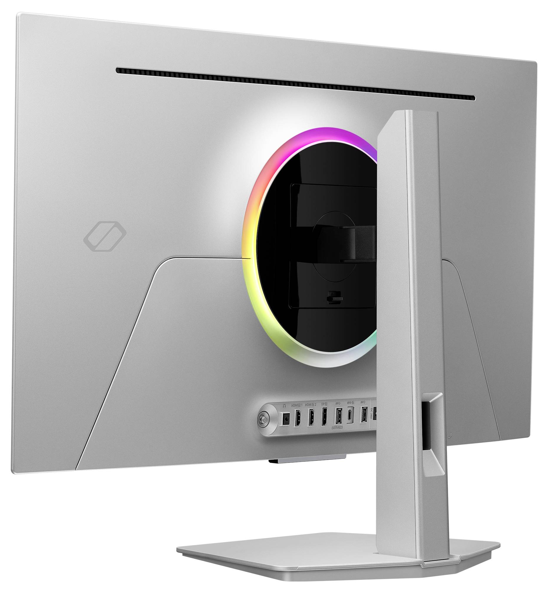 Rear view of a silver desktop monitor with a colorful circular RGB accent around the central mount and a stand on a white background.