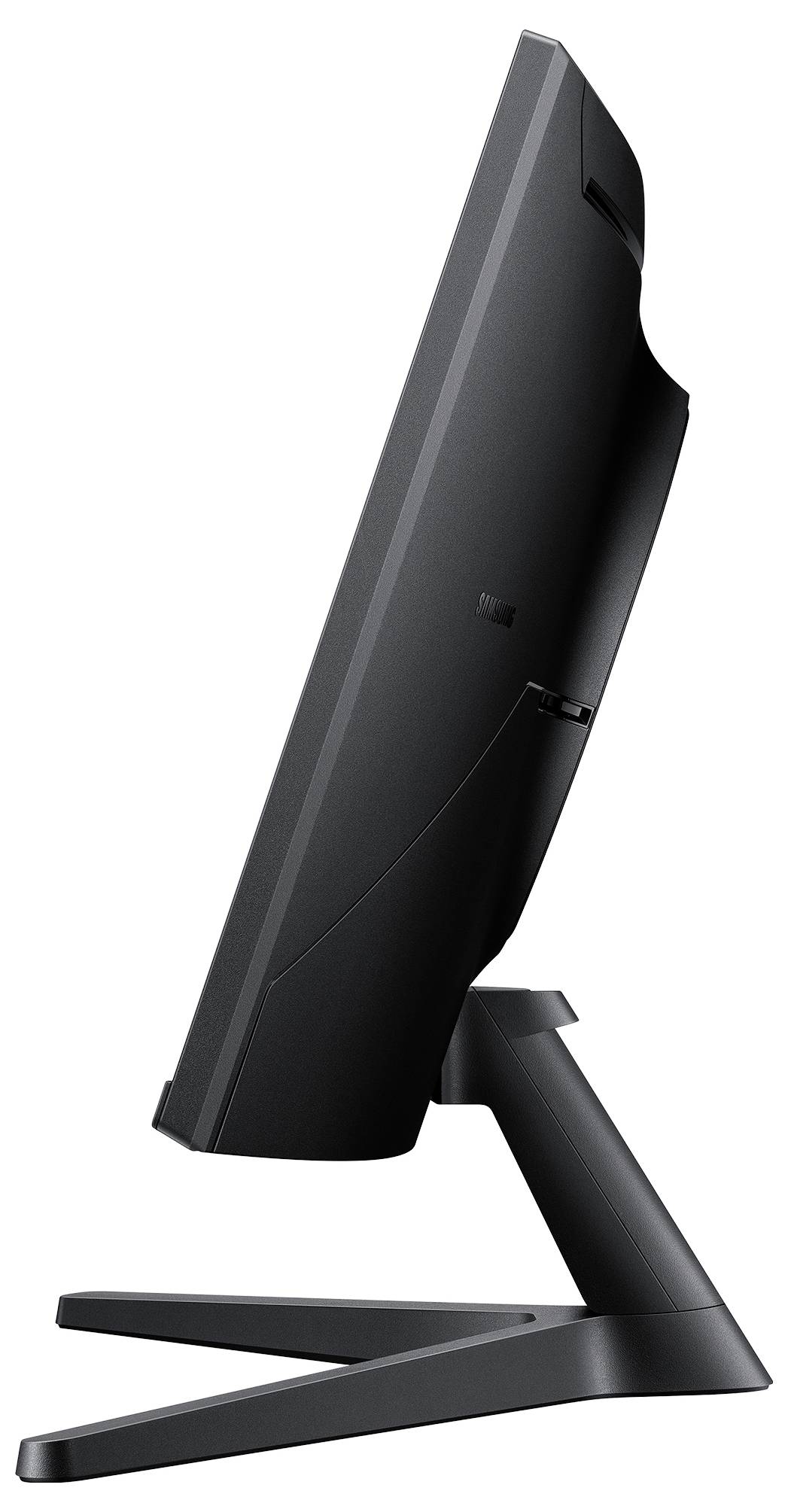 Side view of a black computer monitor on a modern angled stand against a white background.