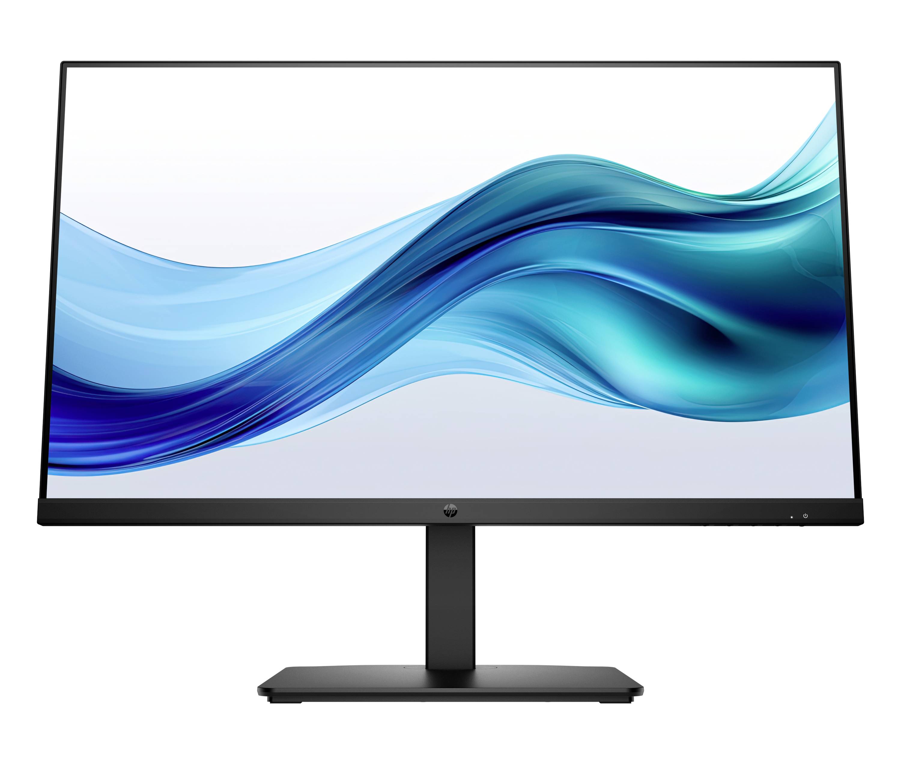 Front view of a widescreen computer monitor displaying a blue abstract wave graphic on a white background.