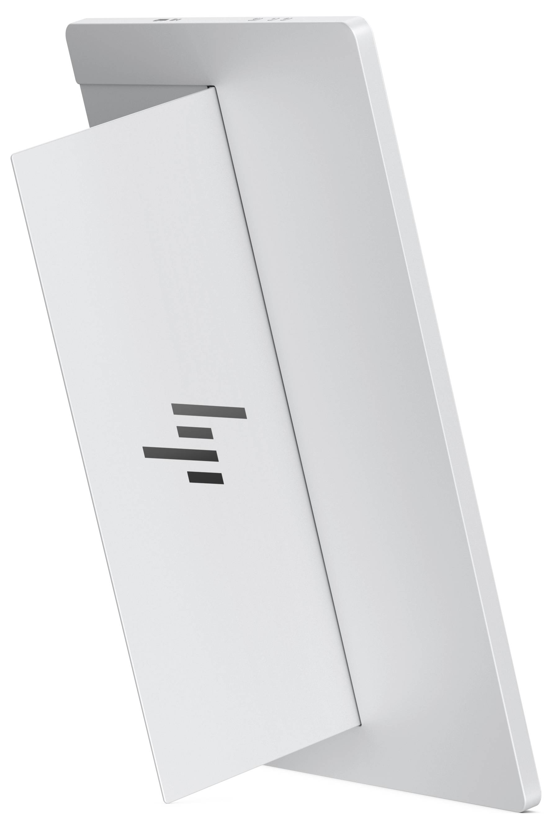 A sleek white wall-mounted panel with a smaller hinged front cover partially open, showing a simple black logo.<br>