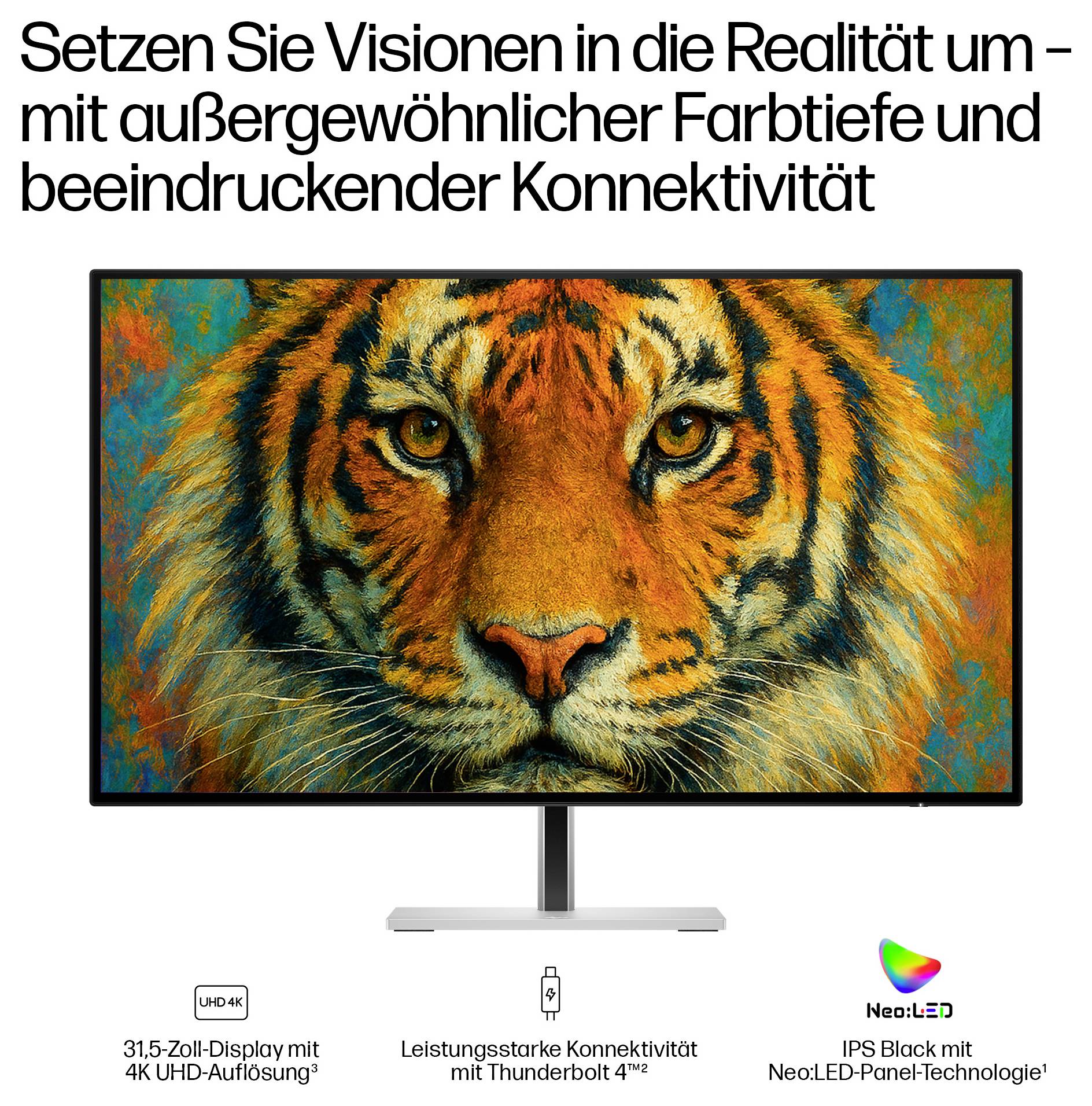 Promotional image of a 31.5-inch UHD 4K monitor showing a tiger face, highlighting high color depth, strong connectivity, and IPS Black with NeoLED.
