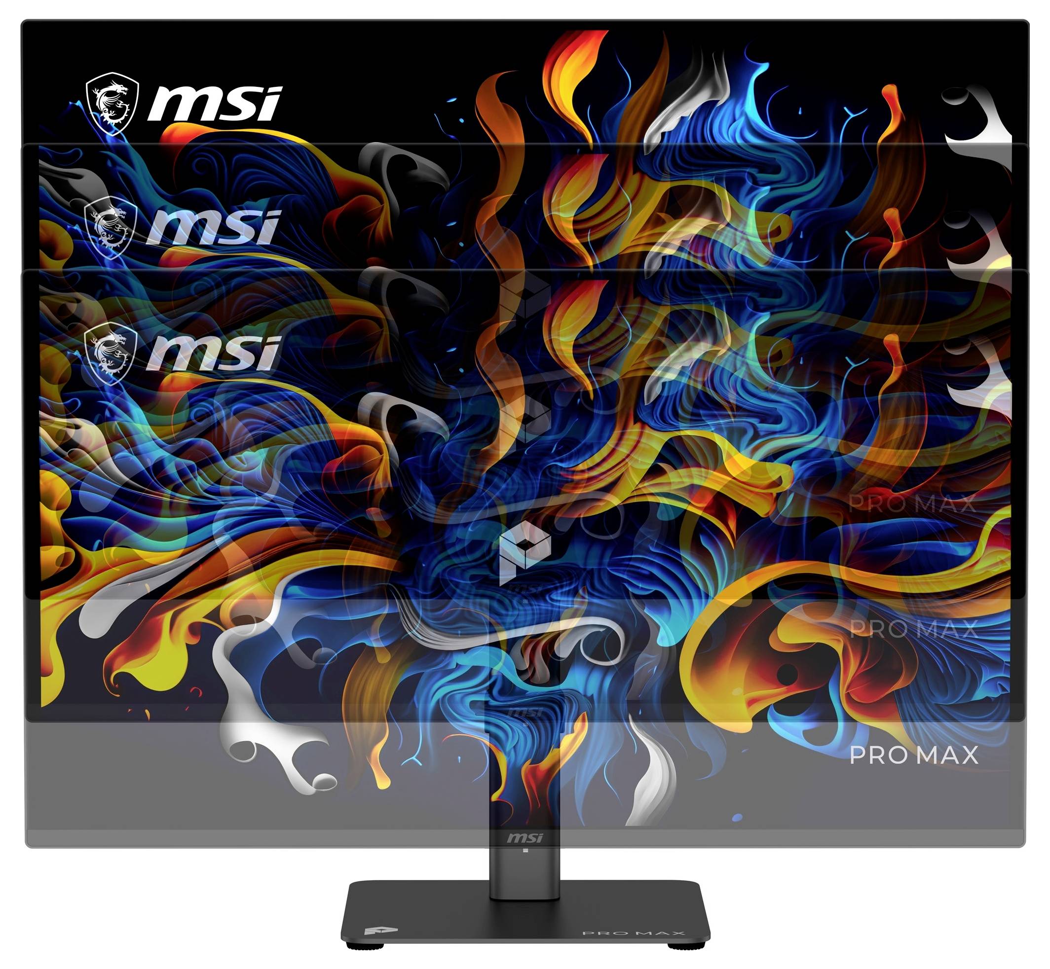 MSI Pro MPX monitor with colorful abstract flame-like artwork on the screen and MSI logos, shown on its stand.<br>