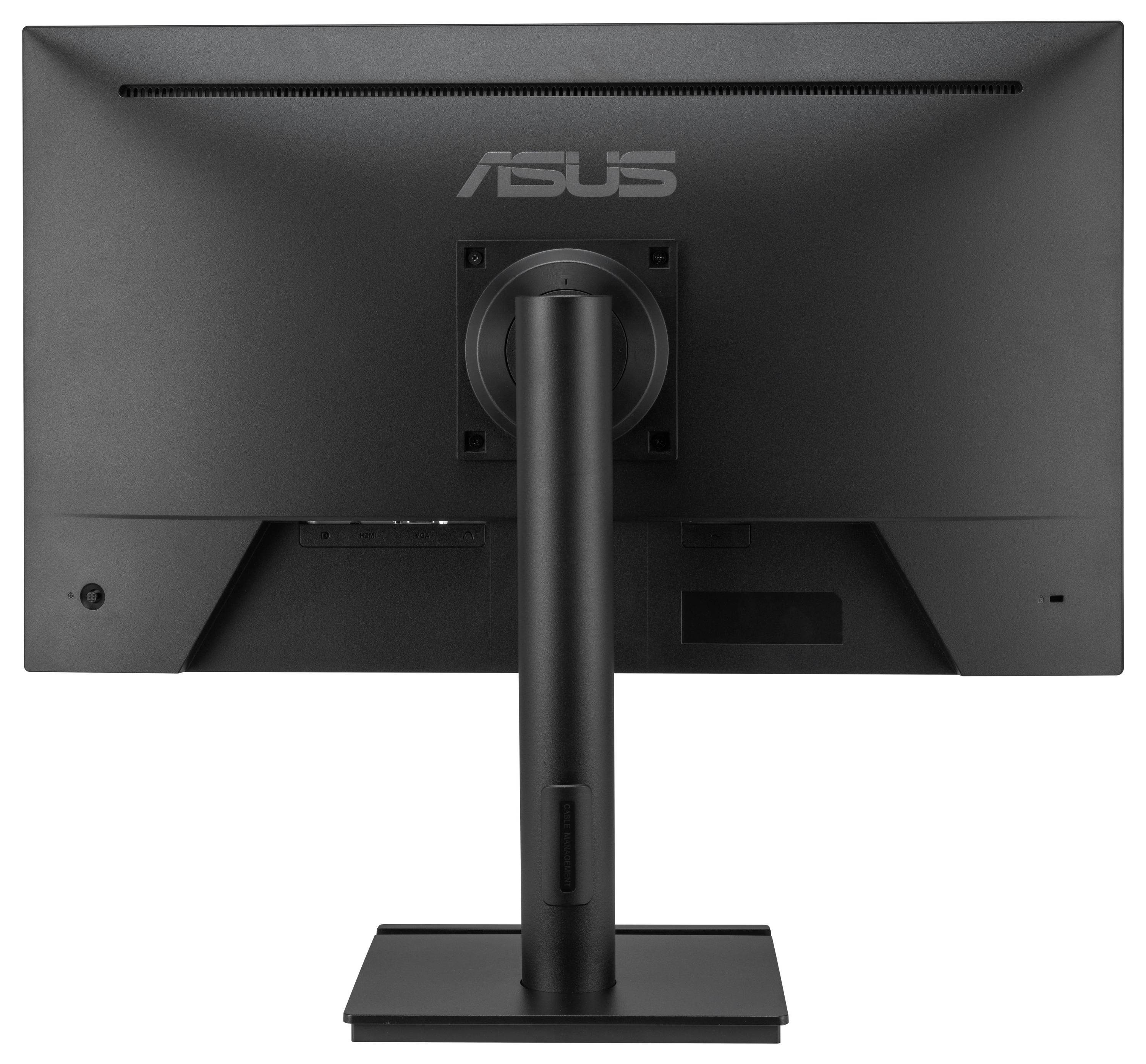 Back view of a black ASUS desktop monitor on a stand, showing the rear panel and central mounting arm.<br>