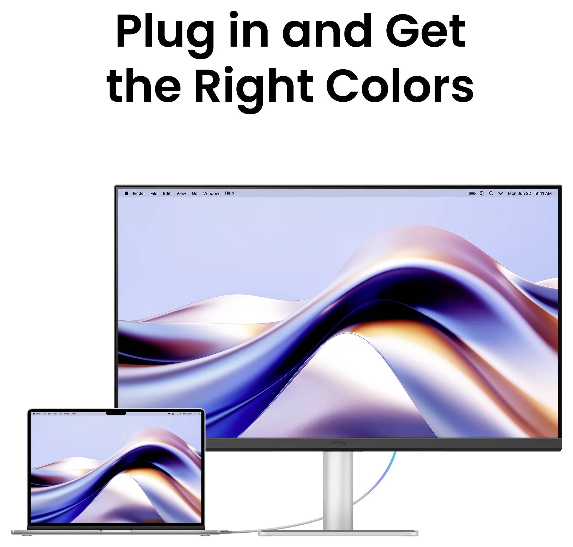 Ad showing a laptop connected to a monitor with matching vivid colors, captioned 'Plug in and Get the Right Colors'.