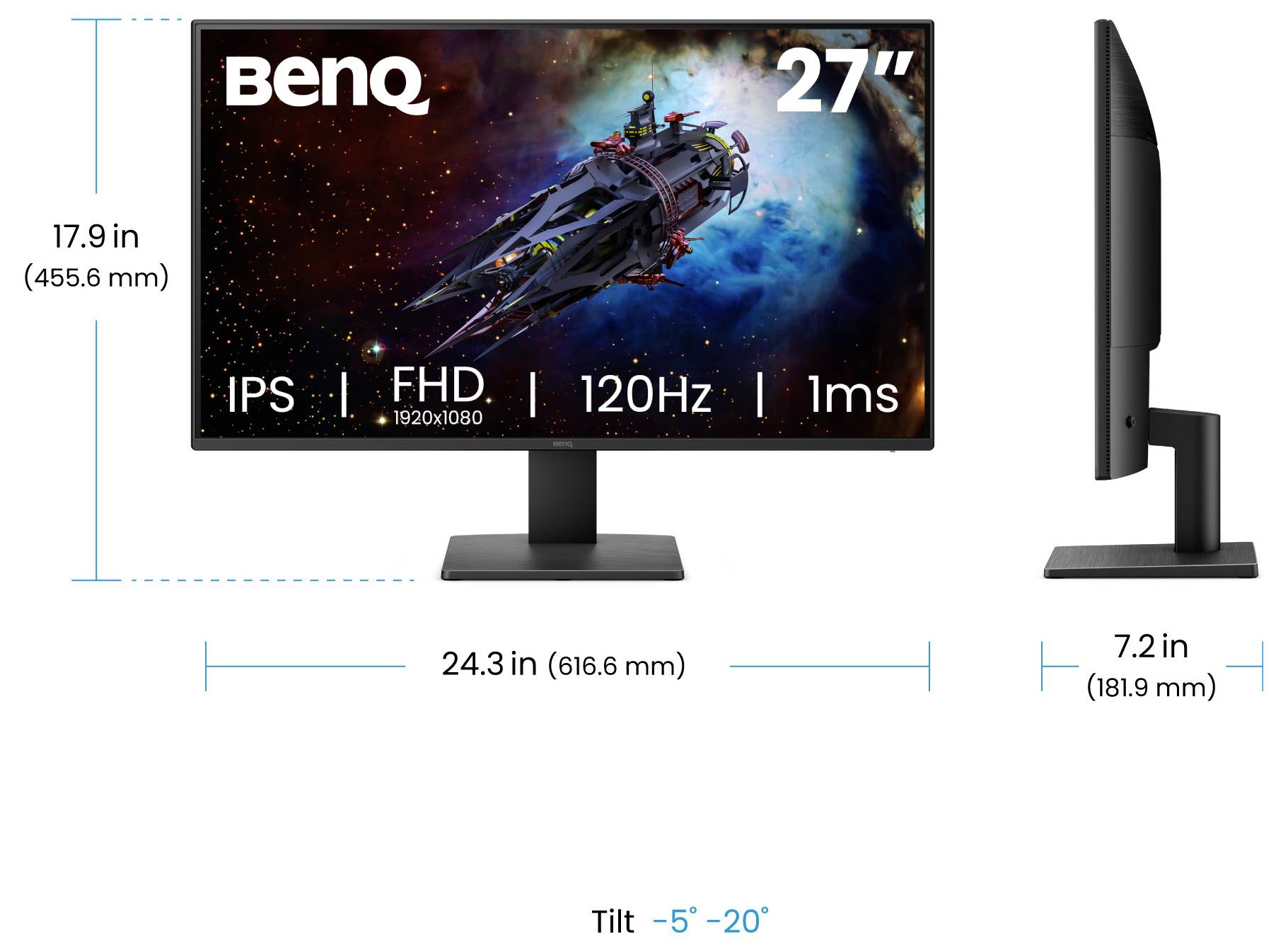 BenQ 27-inch IPS gaming monitor shown front and side, with specs IPS, FHD 1920x1080, 120Hz, 1ms, and dimensions 17.9 x 24.3 x 7.2 in.