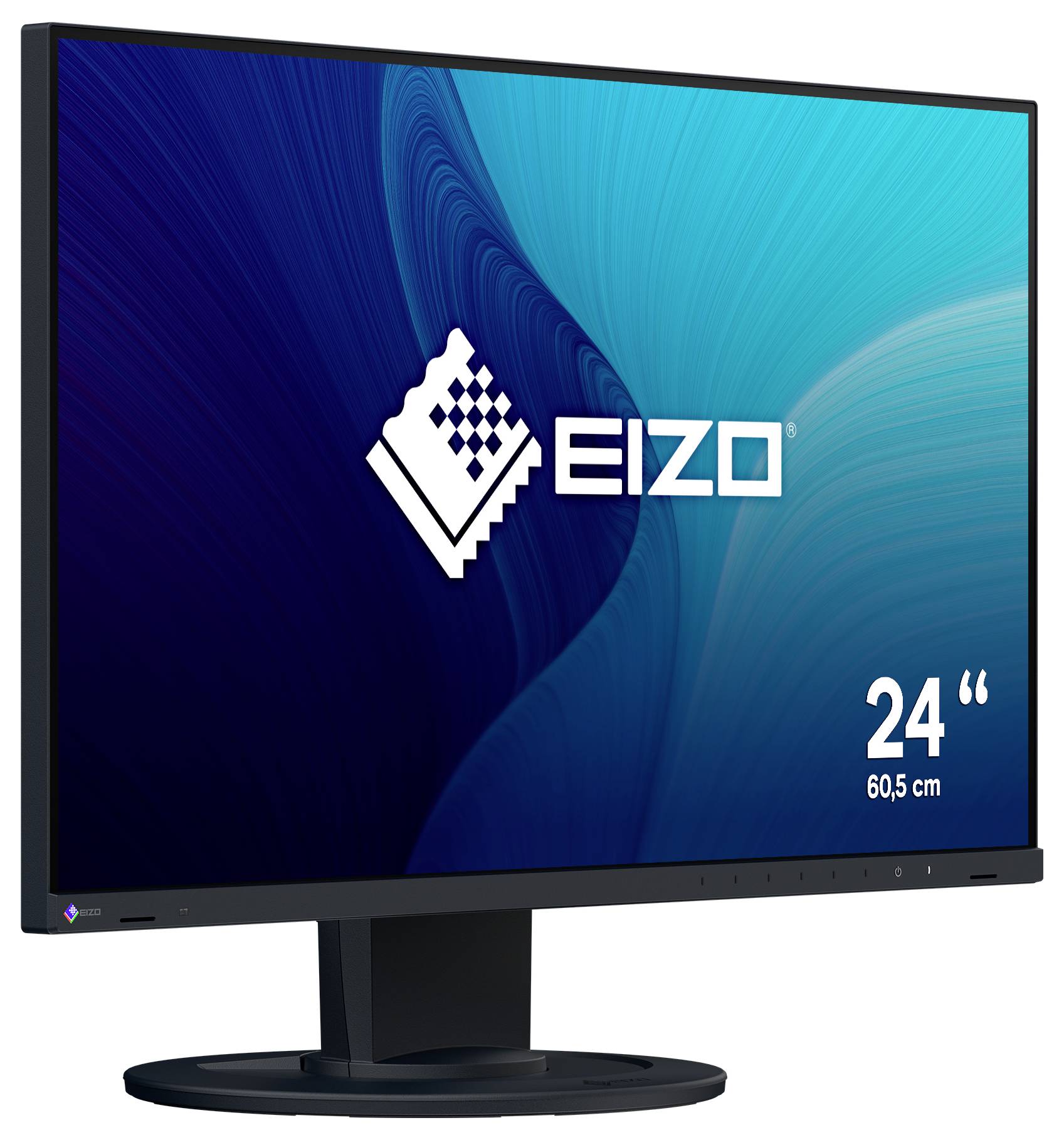 EIZO 24-inch monitor on stand with blue screen showing the EIZO logo and '24' / 60.5 cm' text.
