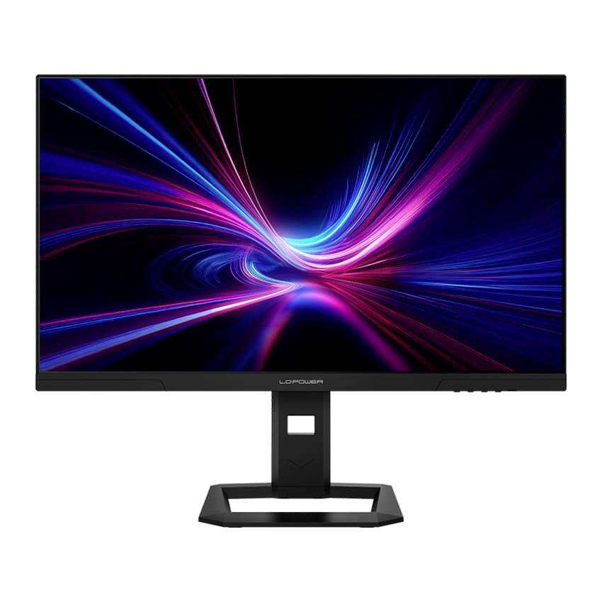 A black computer monitor on a stand displays a bright blue, pink, and purple abstract light swirl on a dark screen.<br>