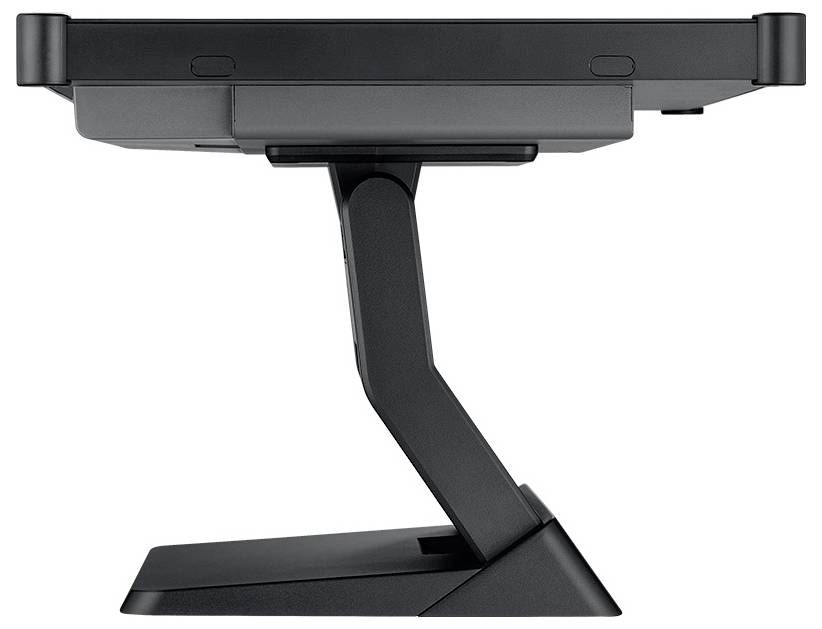 Side view of a black adjustable device stand with a flat top platform and angled support on a base.