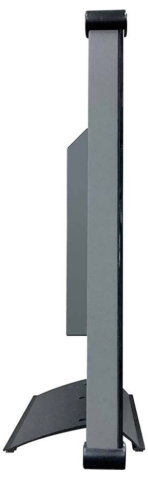 Front view of a slim gray folding stand or support with black end caps, shown upright on a white background.
