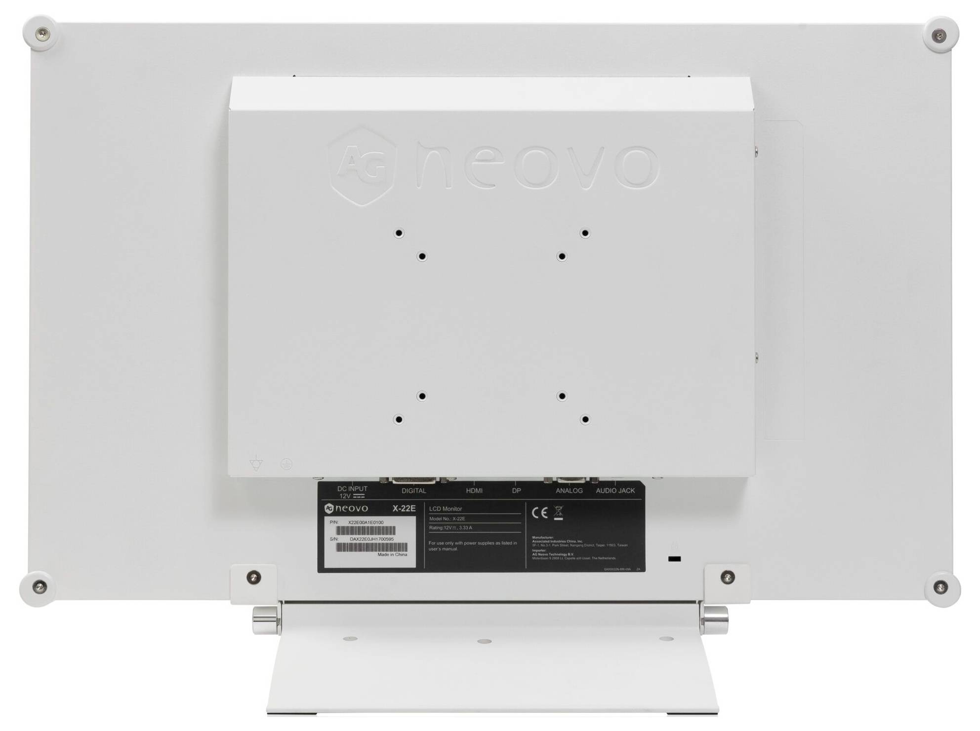 Rear view of a Neovo flat-panel display on a stand, showing the back cover, mounting holes, label panel, and cable ports.