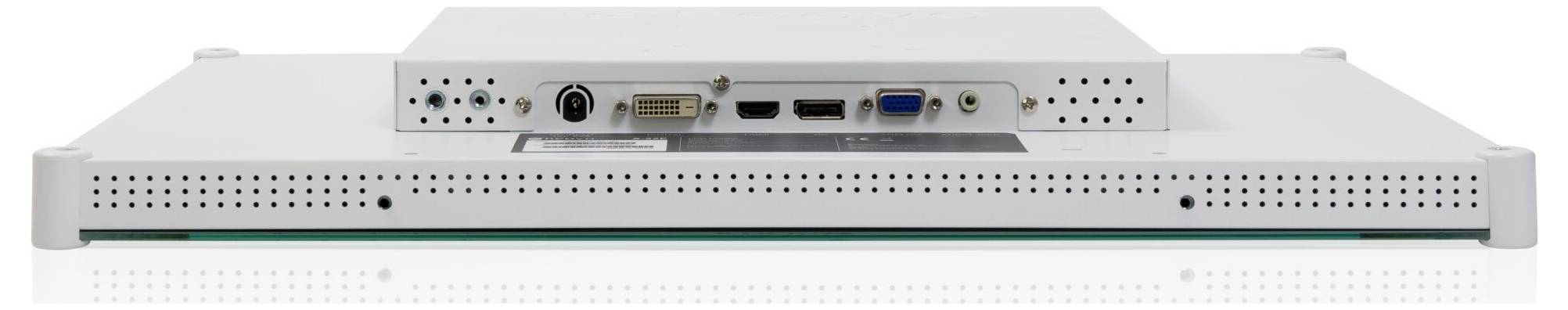 Rear view of a silver flat-panel monitor, showing power, DVI, VGA, and audio ports on the back panel.