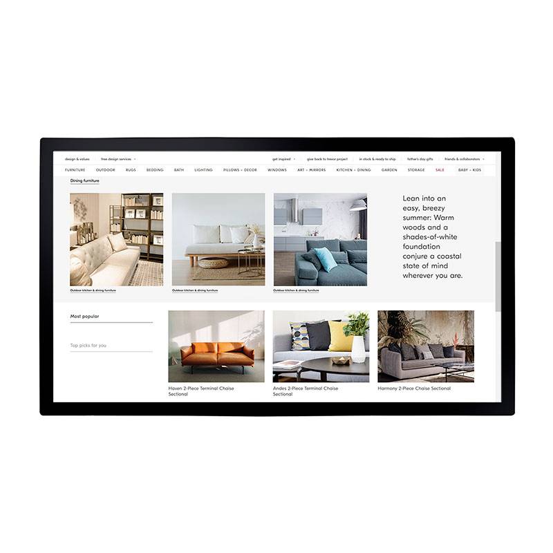 A furniture website page showing a 'Living' section with room photos, product tiles, and a promotional headline about warm, white-and-blue summer style.