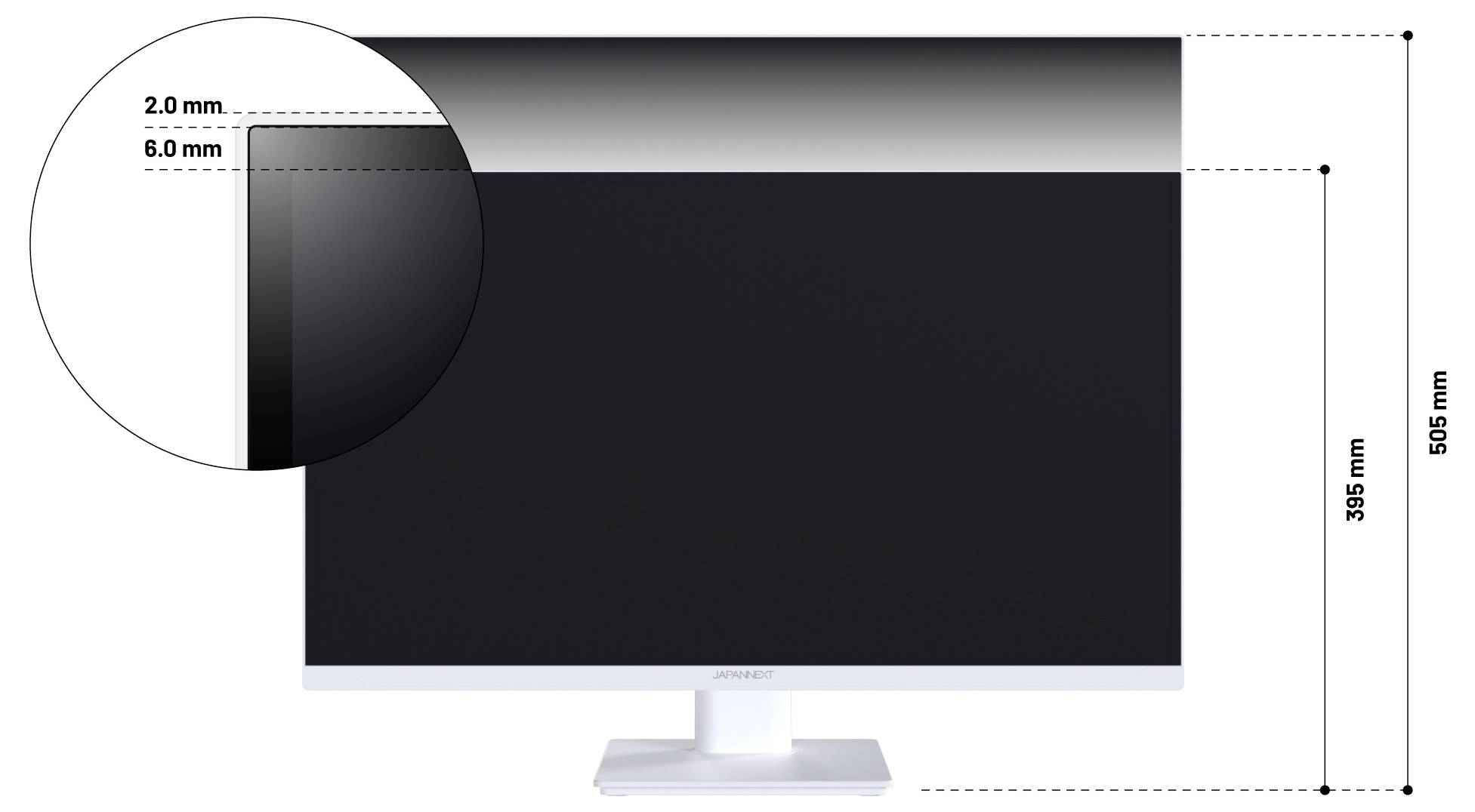 Diagram of a monitor showing screen dimensions and bezel thickness, labeled 505 mm tall overall, 395 mm display height, with 2.0 mm and 6.0 mm top bezel measurements.