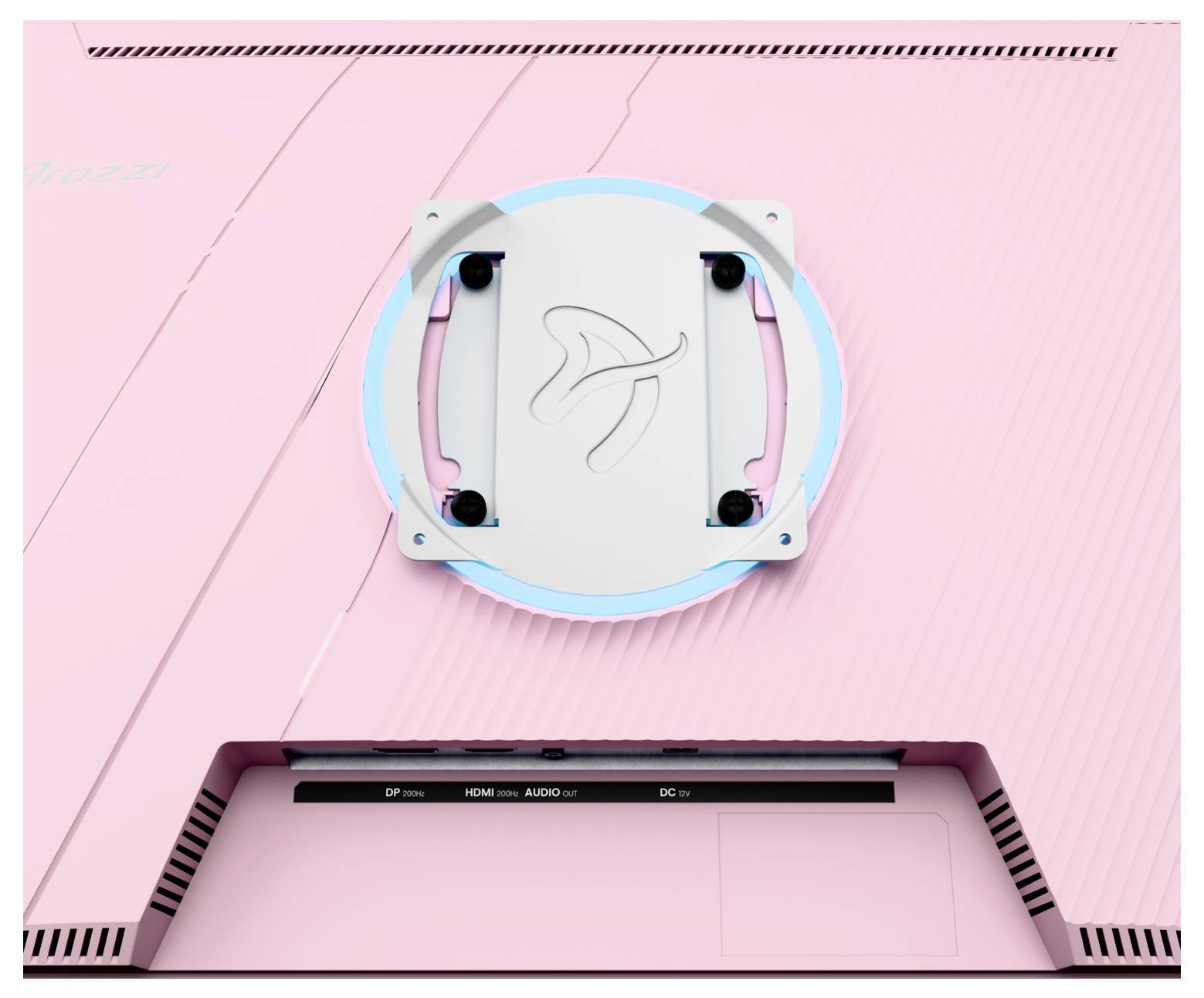 Top-down view of a pink device underside with a central white mounting bracket and blue ring, plus rear ports labeled DP, HDMI, AUDIO, and DC.