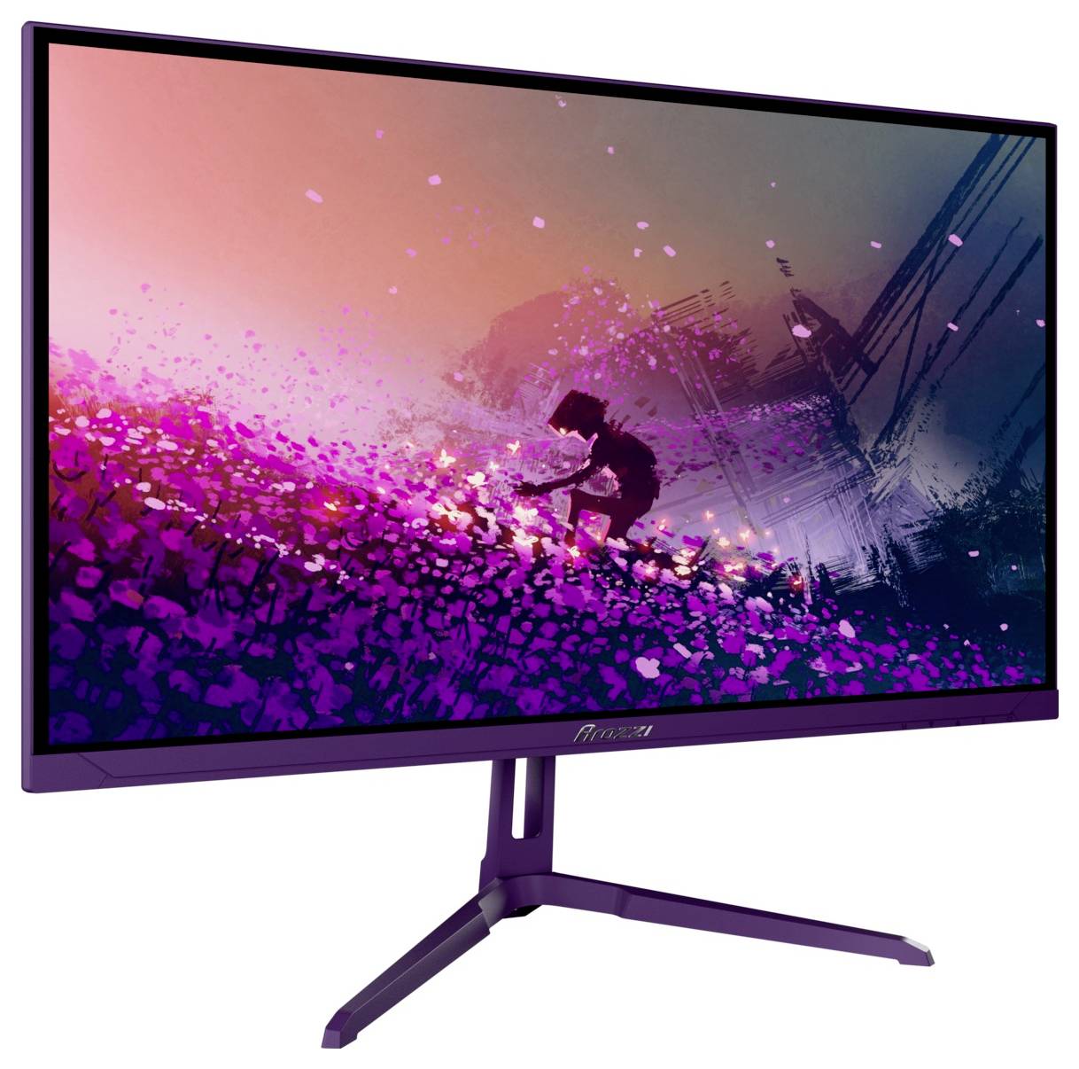 Curved gaming monitor on a stand displaying a vivid purple-pink action scene with a silhouetted figure and cityscape background.<br>