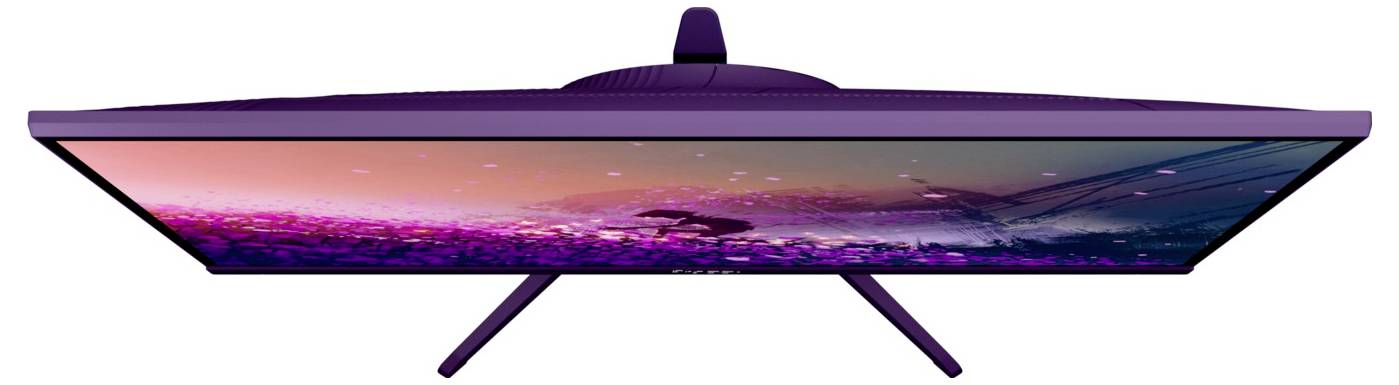 Ultrawide curved monitor on a stand, showing a colorful sunset-style landscape on the screen.<br>