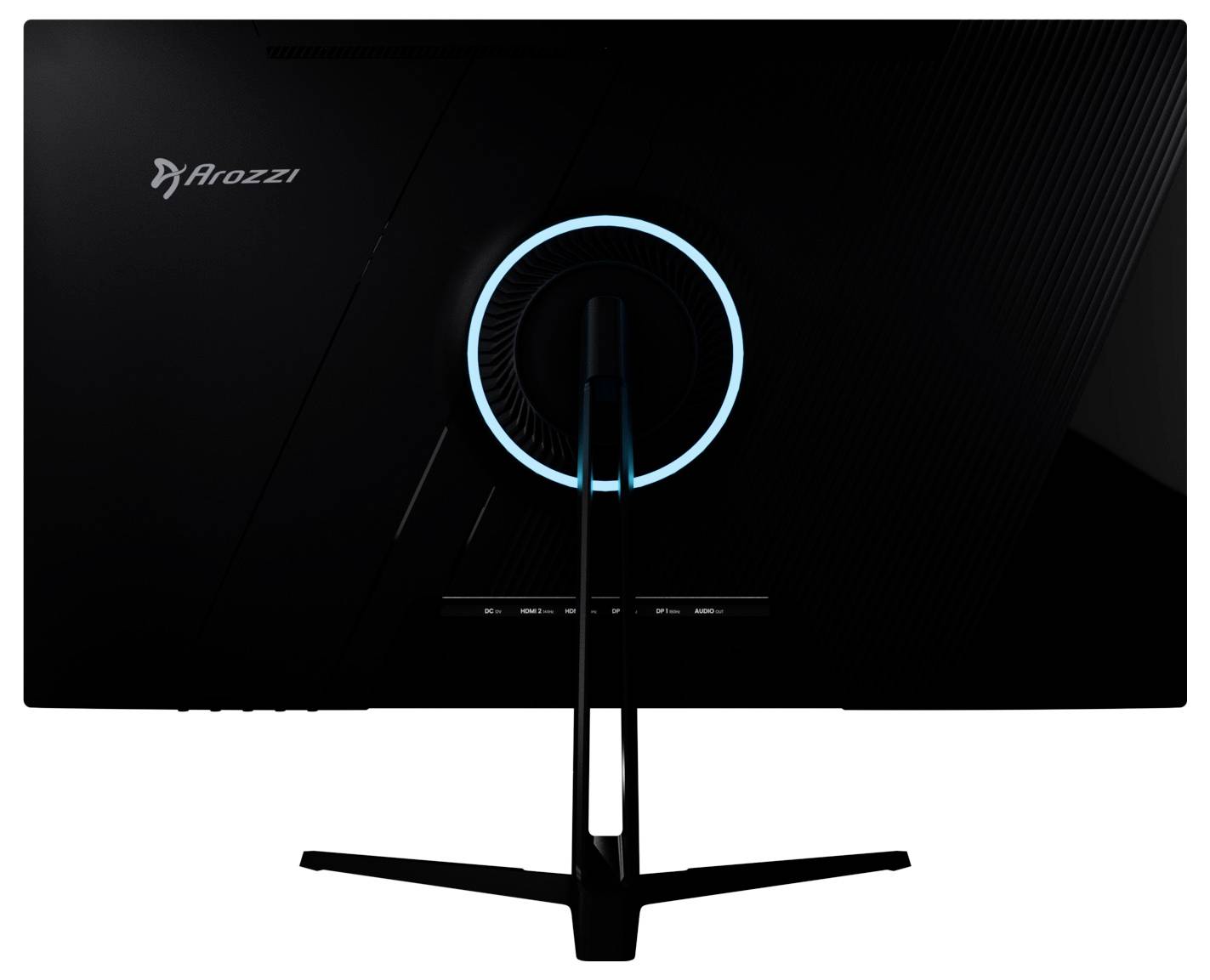 Back view of an Arozzi monitor with a circular blue LED ring and stand centered on a white background.